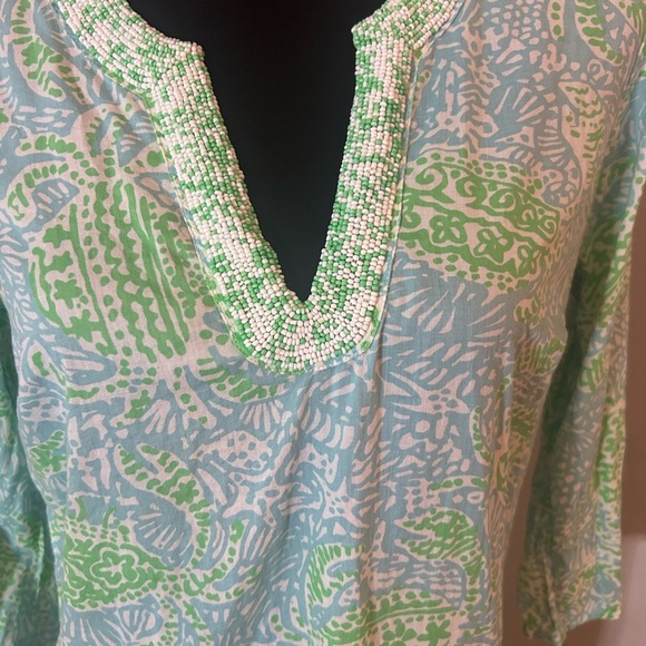 Lily Pulitzer Blue and Green Patterned Tunic with Beaded Neckline - Picture 3 of 4